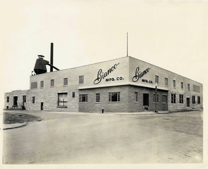 Historic black and white photo of the Bianco Manufacturing factory building